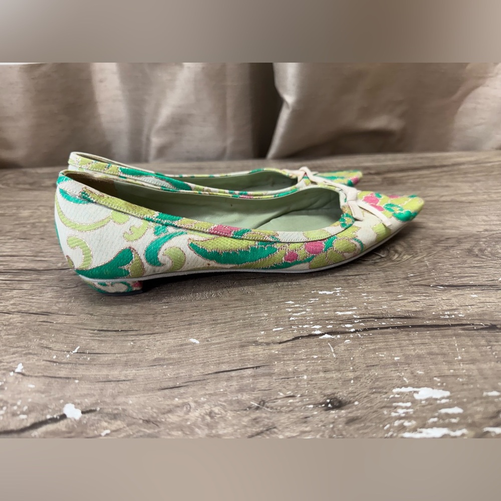 Vtg Prada SS2003 Green‎ Brocade Flat Shoes 37.5 - Picture 4 of 11